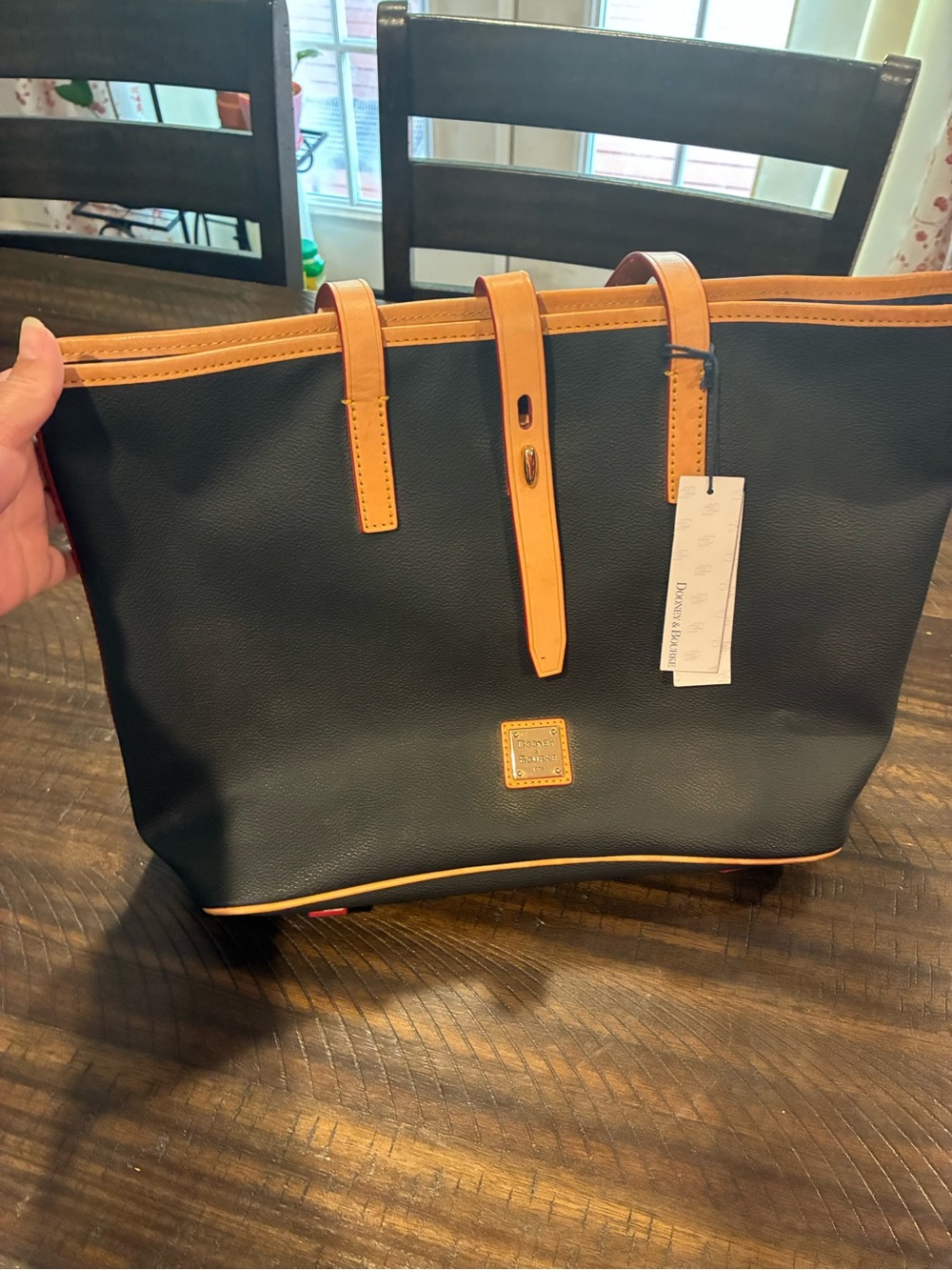 Dooney & Bourke Black Tote with Tan Trim and Straps - Classic Logo Patch